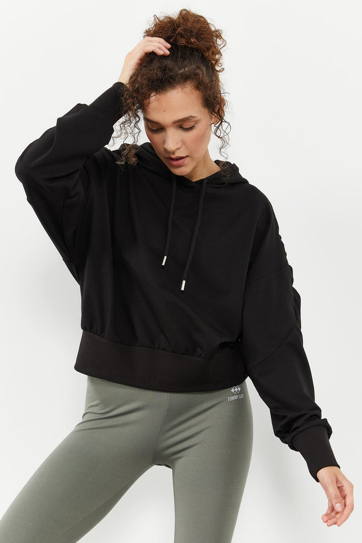 TMY Black Shoulder Ruched Detail Balloon Sleeve Comfortable Fit Women's Sweatshirt - 97166 - York