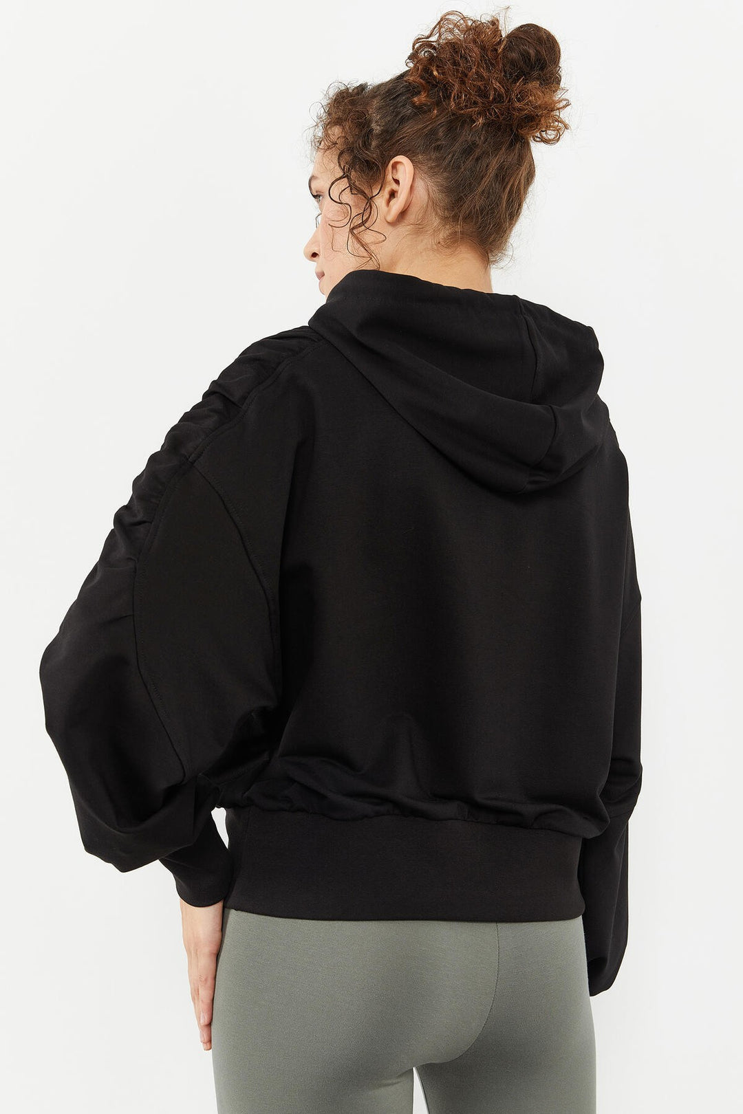 TMY Black Shoulder Ruched Detail Balloon Sleeve Comfortable Fit Women's Sweatshirt - 97166 - York