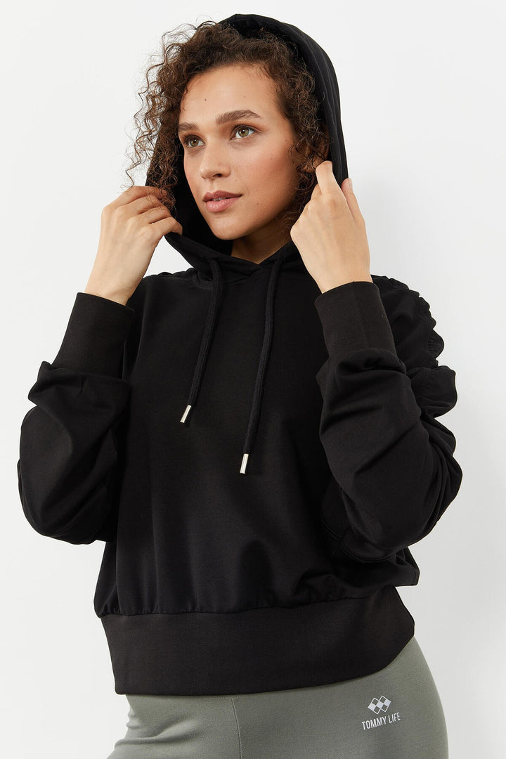 TMY Black Shoulder Ruched Detail Balloon Sleeve Comfortable Fit Women's Sweatshirt - 97166 - York