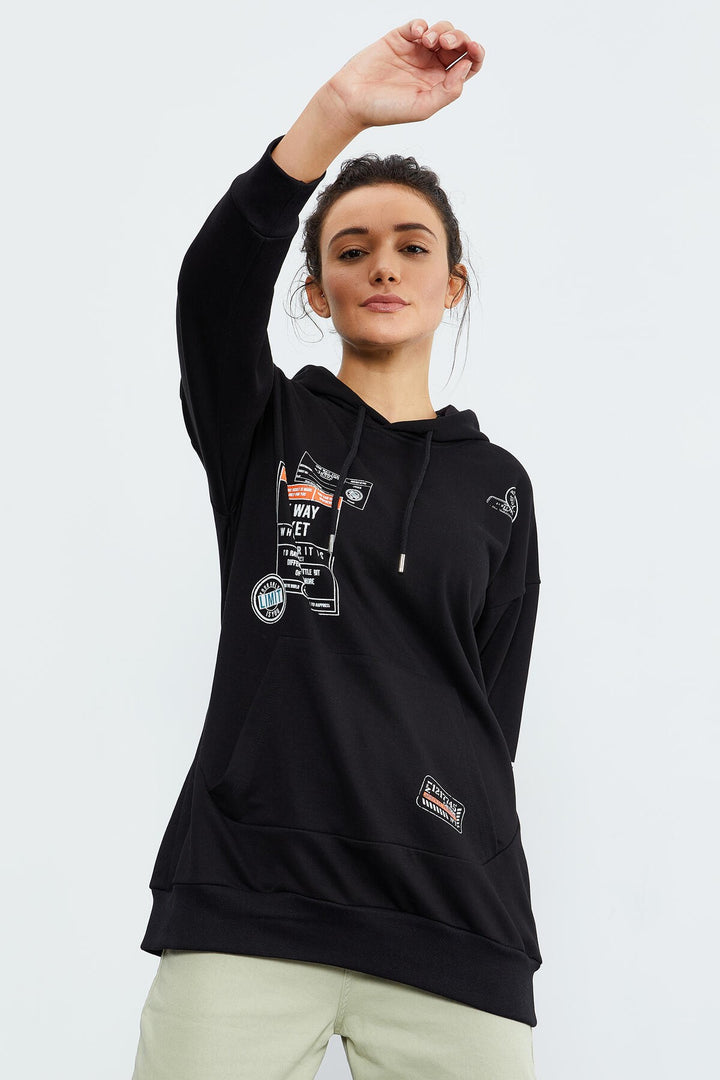 TMY Black Ticket Printed Hooded Women's Oversize Sweatshirt - 97182 - Castrop-Rauxel