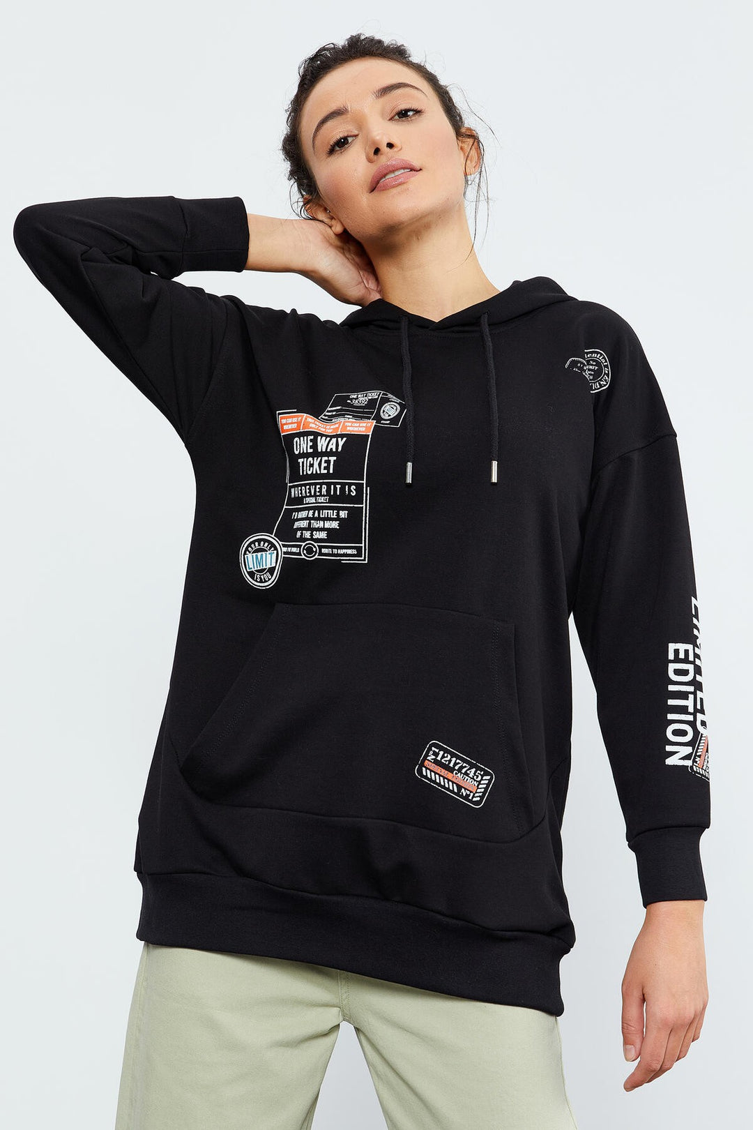 TMY Black Ticket Printed Hooded Women's Oversize Sweatshirt - 97182 - Castrop-Rauxel