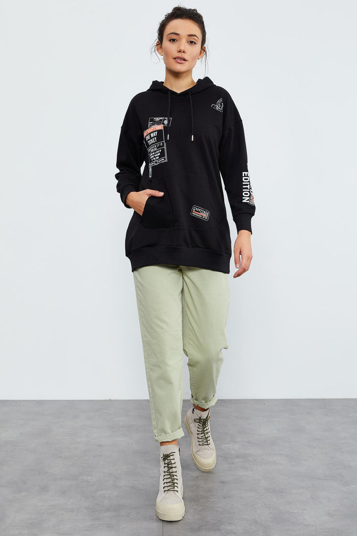 TMY Black Ticket Printed Hooded Women's Oversize Sweatshirt - 97182 - Castrop-Rauxel
