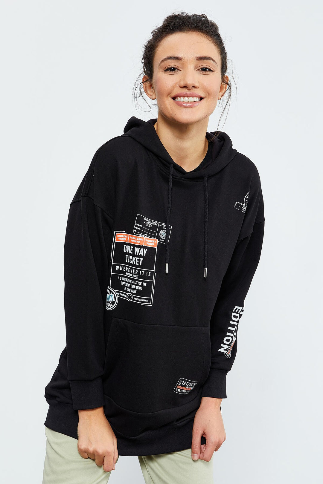 TMY Black Ticket Printed Hooded Women's Oversize Sweatshirt - 97182 - Castrop-Rauxel