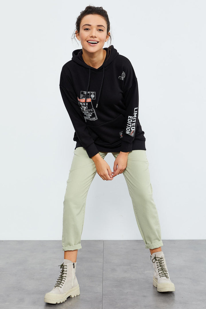 TMY Black Ticket Printed Hooded Women's Oversize Sweatshirt - 97182 - Castrop-Rauxel