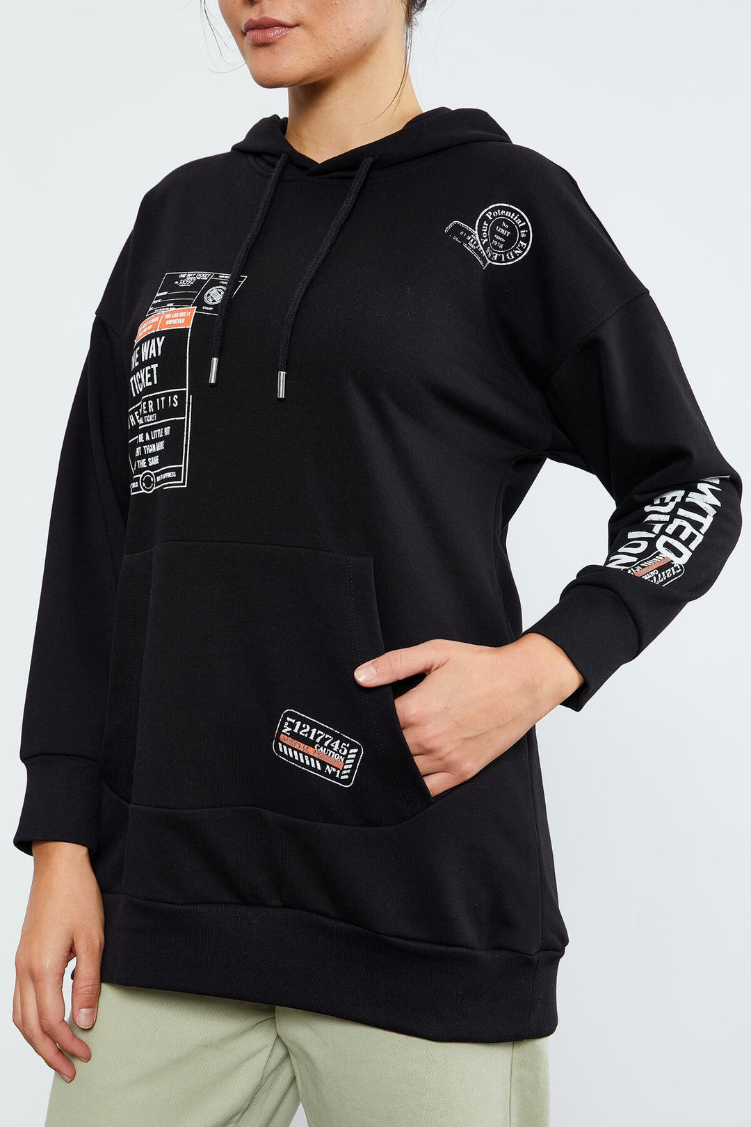 TMY Black Ticket Printed Hooded Women's Oversize Sweatshirt - 97182 - Castrop-Rauxel