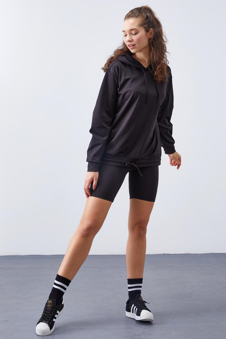 TMY Black Leaf Sequined Ruched Detail Comfortable Fit Hooded Women's Sweatshirt - 97124 - Rende