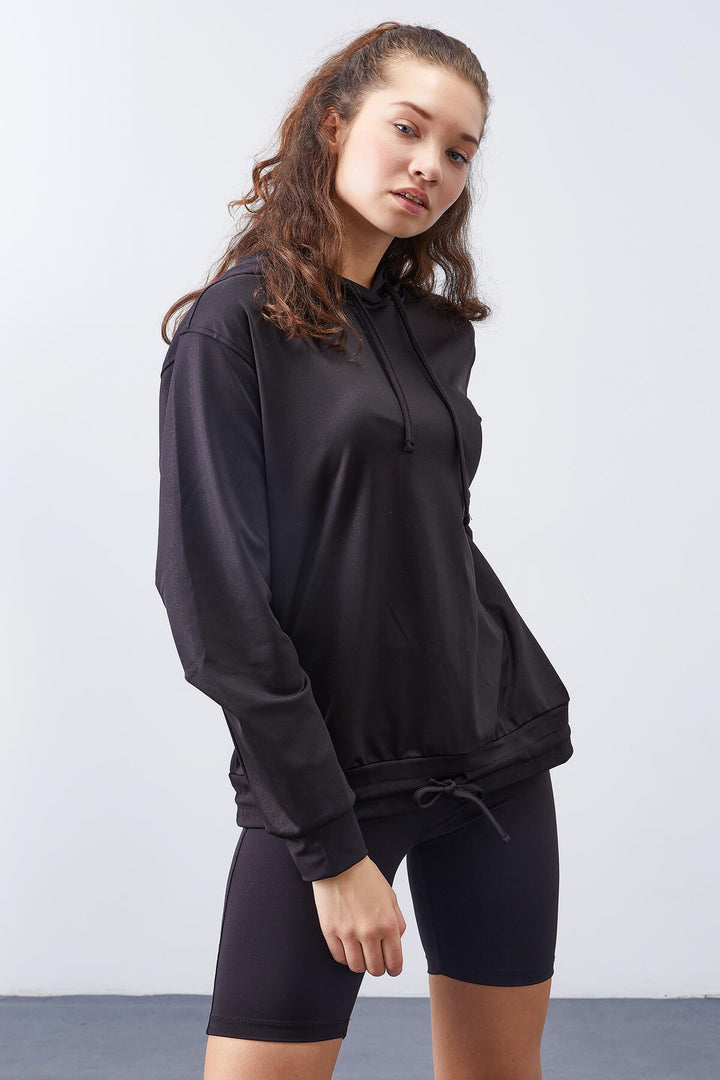 TMY Black Leaf Sequined Ruched Detail Comfortable Fit Hooded Women's Sweatshirt - 97124 - Rende