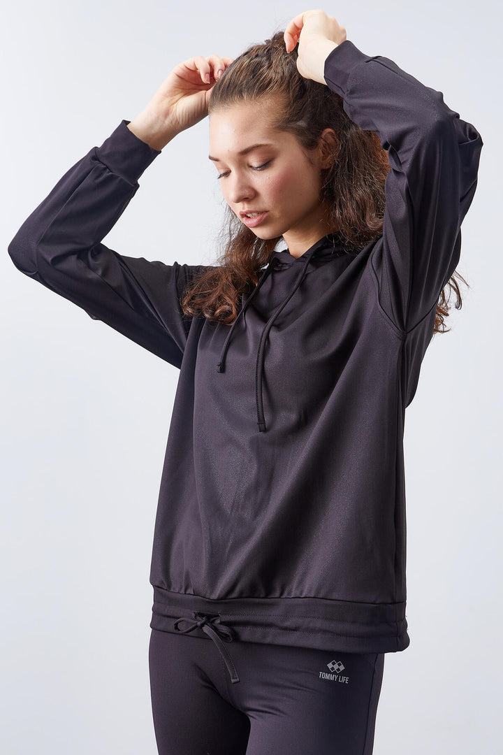 TMY Black Leaf Sequined Ruched Detail Comfortable Fit Hooded Women's Sweatshirt - 97124 - Rende