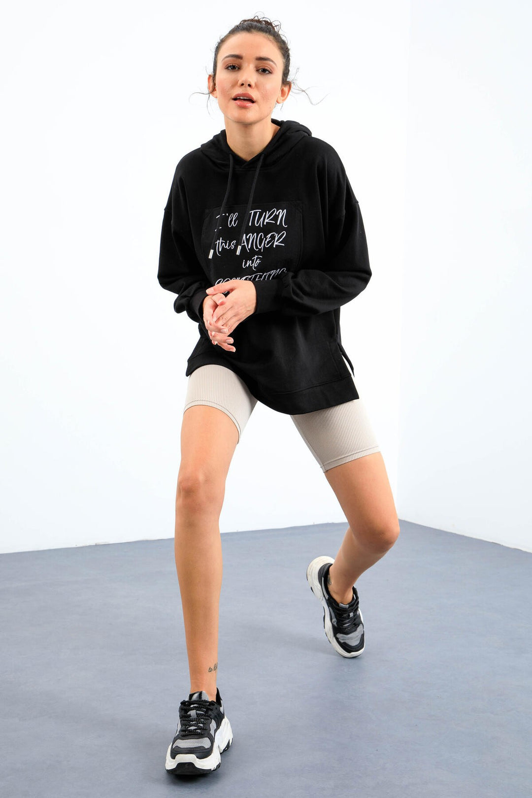 TMY Black Textured Patchwork Hooded Women's Oversized Sweatshirt - 97178 - Oak Lawn