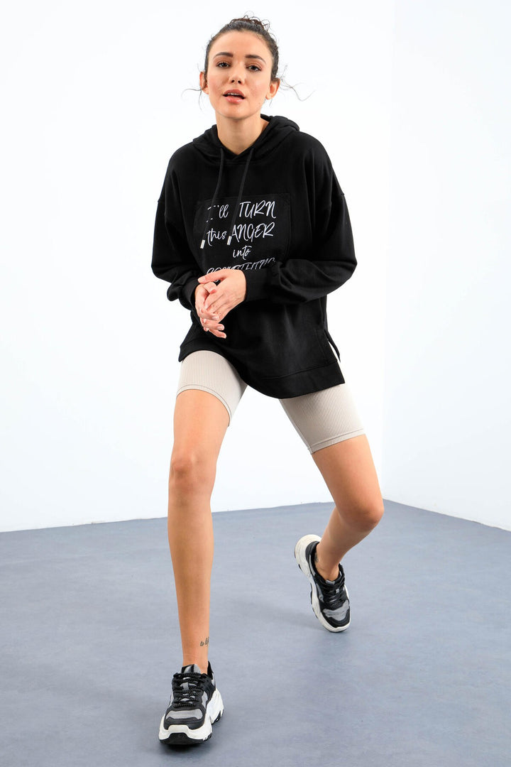 TMY Black Textured Patchwork Hooded Women's Oversized Sweatshirt - 97178 - Oak Lawn