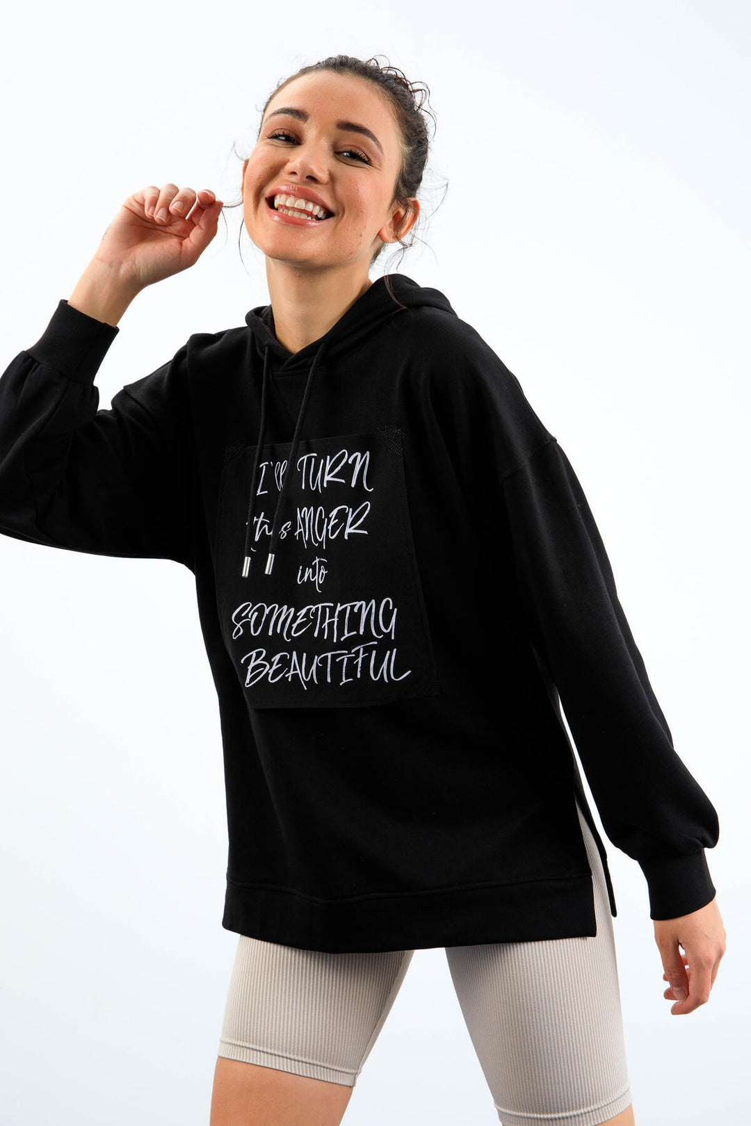 TMY Black Textured Patchwork Hooded Women's Oversized Sweatshirt - 97178 - Oak Lawn