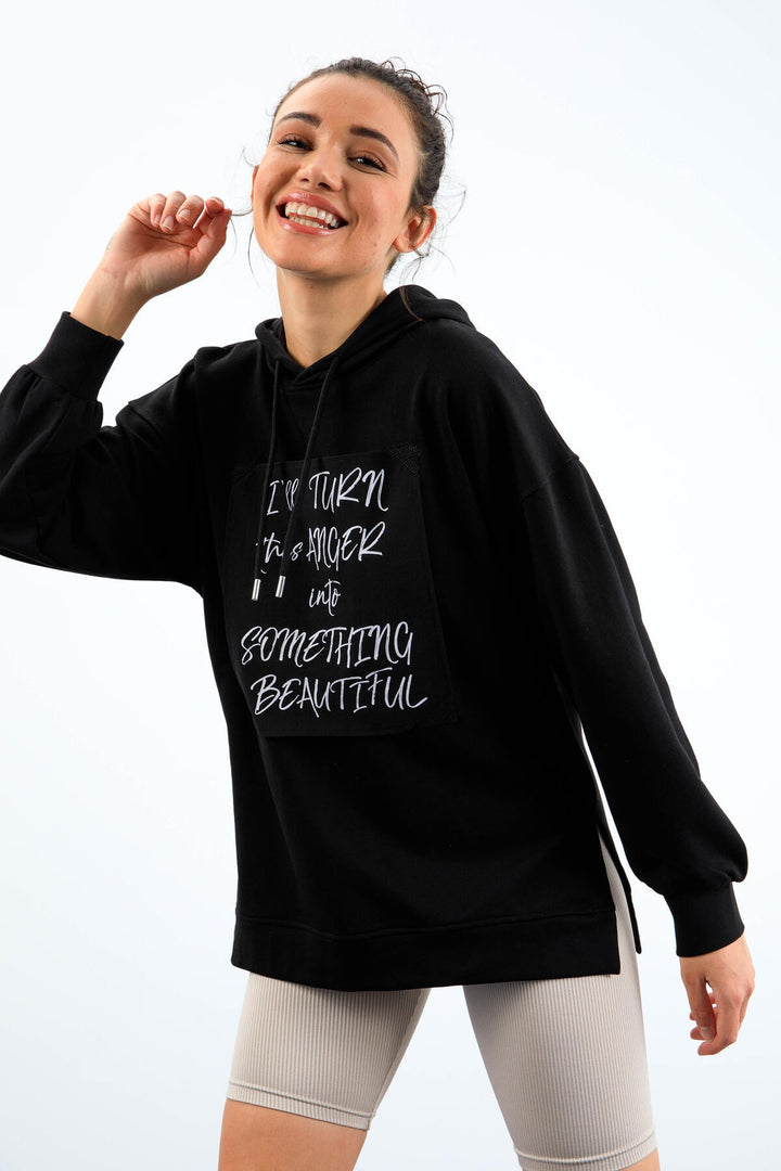 TMY Black Textured Patchwork Hooded Women's Oversized Sweatshirt - 97178 - Oak Lawn