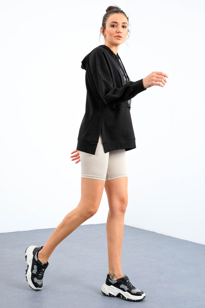 TMY Black Textured Patchwork Hooded Women's Oversized Sweatshirt - 97178 - Oak Lawn