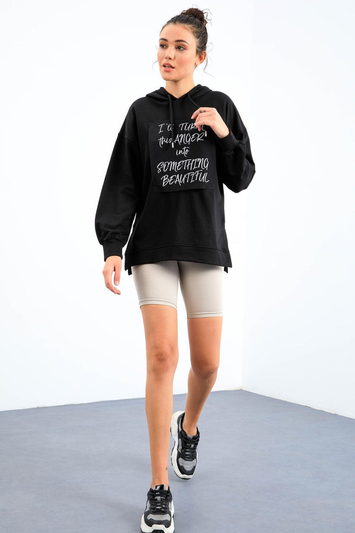 TMY Black Textured Patchwork Hooded Women's Oversized Sweatshirt - 97178 - Oak Lawn