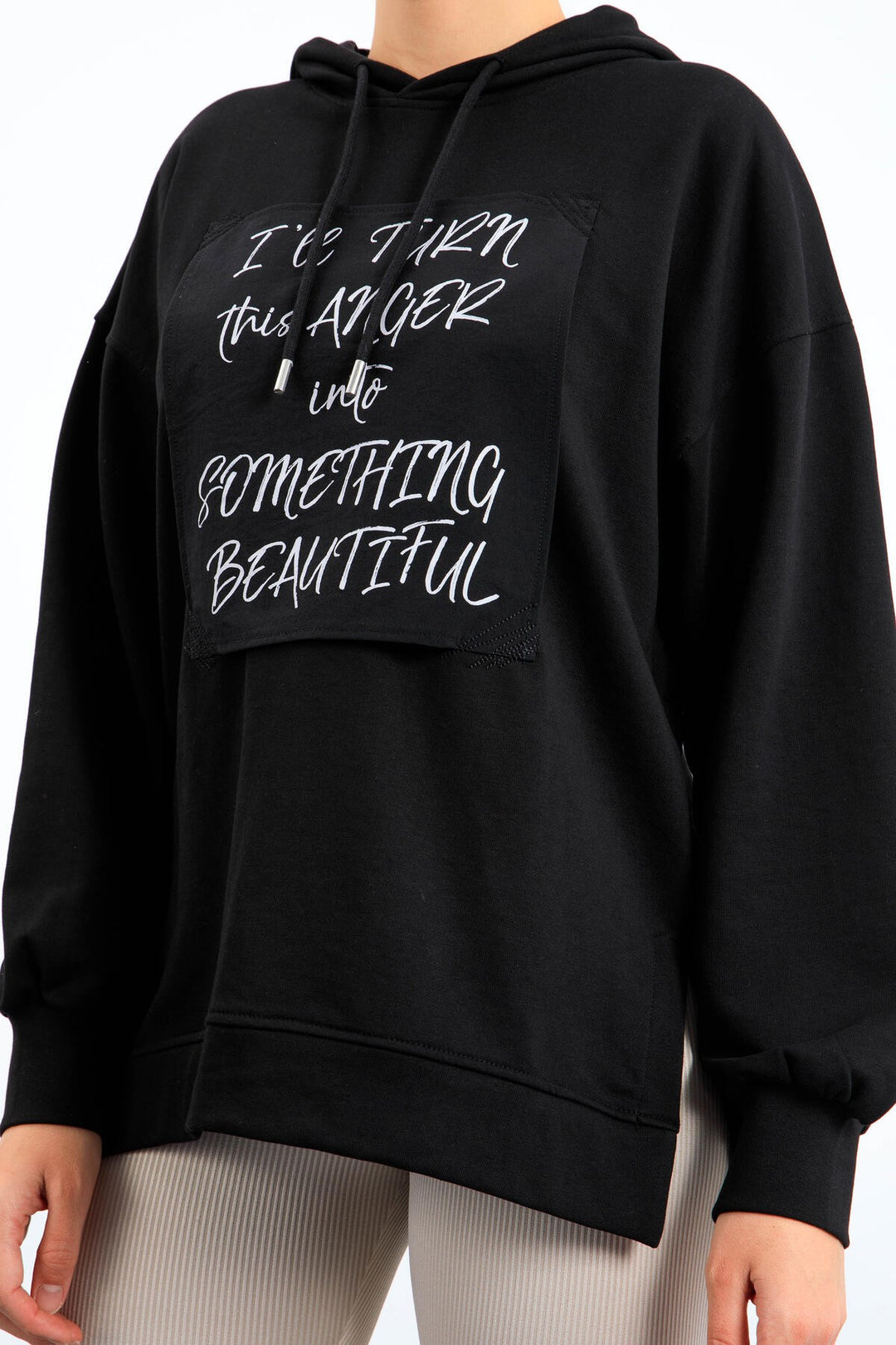 TMY Black Textured Patchwork Hooded Women's Oversized Sweatshirt - 97178 - Oak Lawn