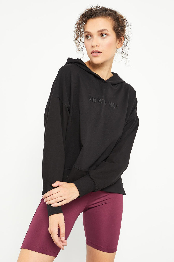TMY Black Embroidered Hooded Basic Women's Oversize Sweatshirt - 97164 - Penafiel
