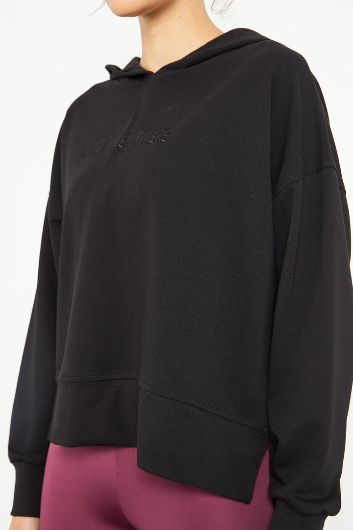 TMY Black Embroidered Hooded Basic Women's Oversize Sweatshirt - 97164 - Penafiel