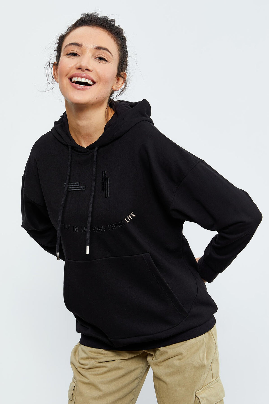 TMY Black Text Embroidered Hooded Kangaroo Pocket Women's Oversize Sweatshirt - 97174 - Lake Stevens