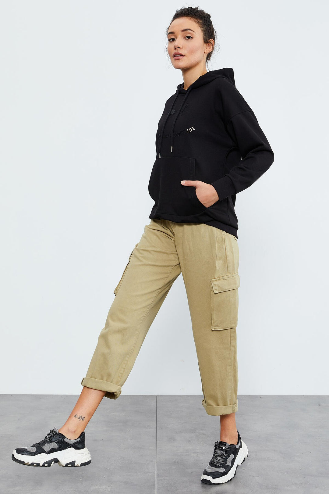 TMY Black Text Embroidered Hooded Kangaroo Pocket Women's Oversize Sweatshirt - 97174 - Lake Stevens