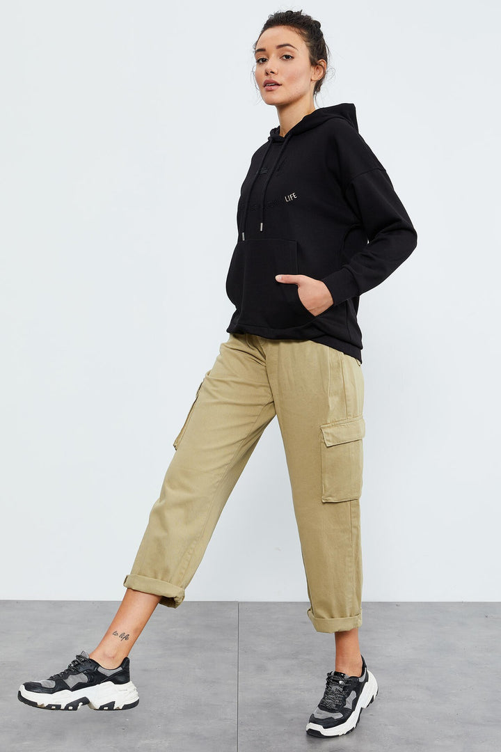 TMY Black Text Embroidered Hooded Kangaroo Pocket Women's Oversize Sweatshirt - 97174 - Lake Stevens