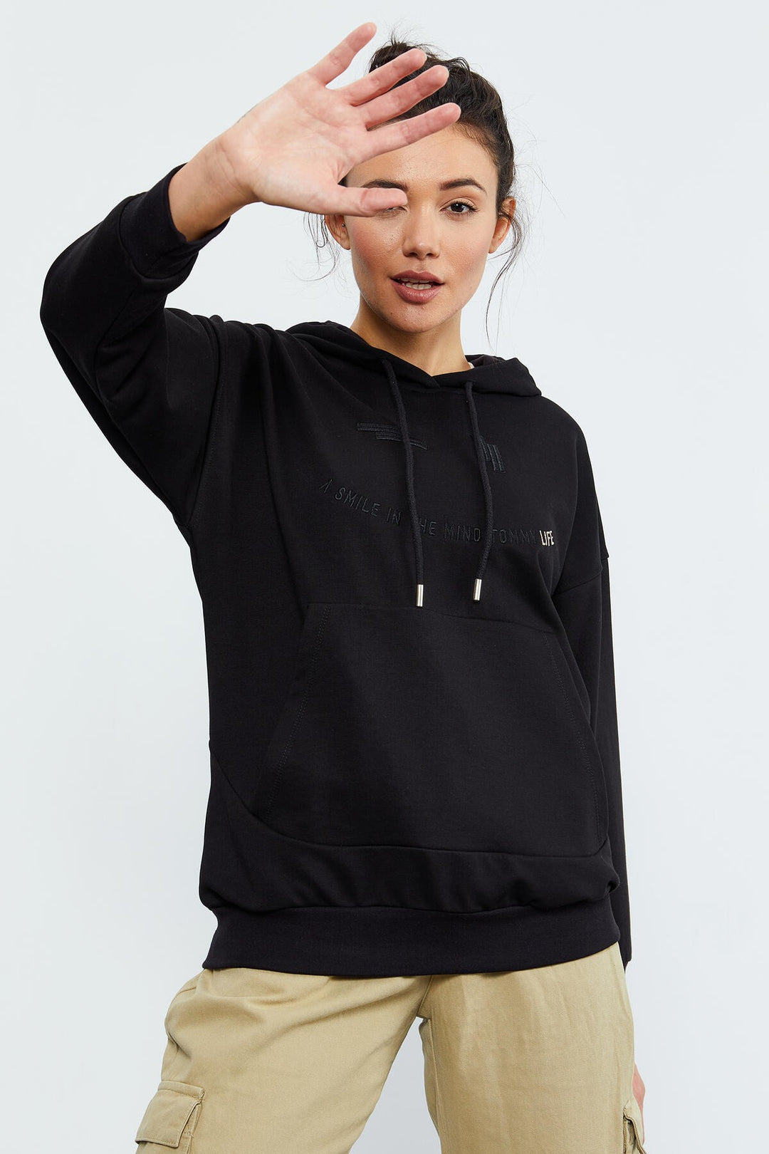 TMY Black Text Embroidered Hooded Kangaroo Pocket Women's Oversize Sweatshirt - 97174 - Lake Stevens
