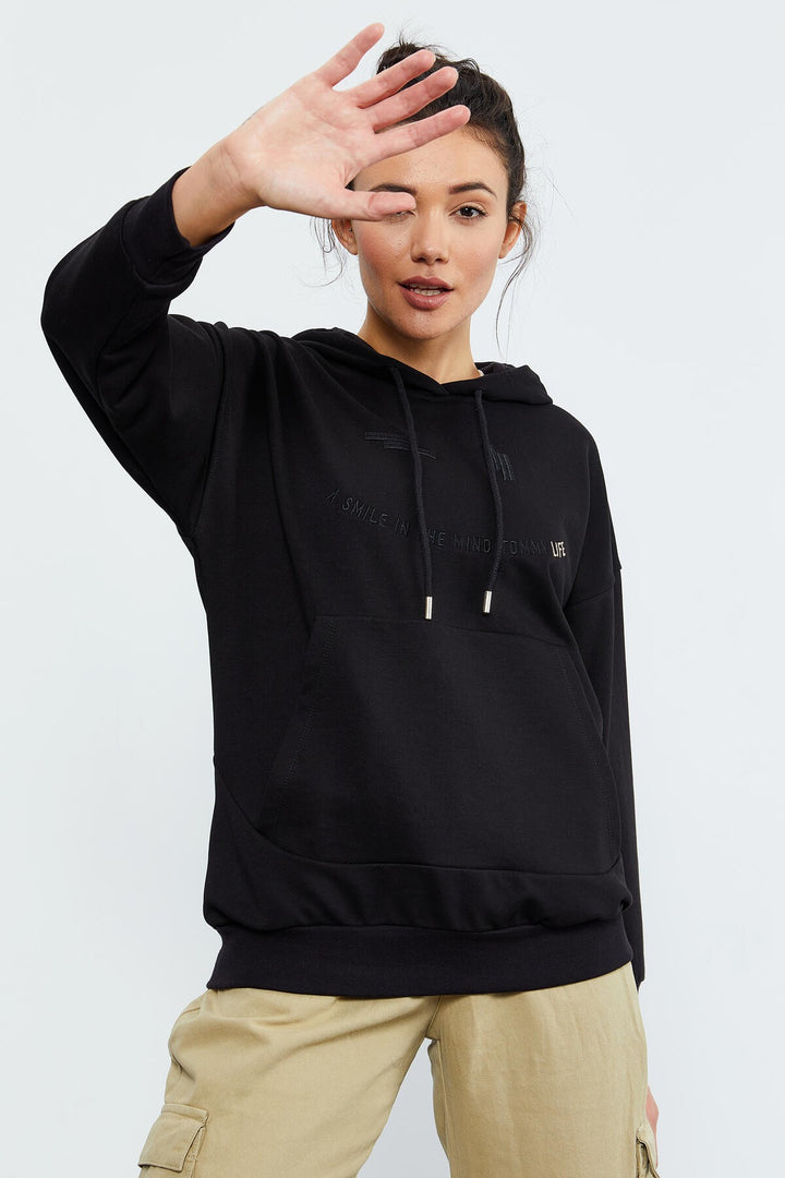 TMY Black Text Embroidered Hooded Kangaroo Pocket Women's Oversize Sweatshirt - 97174 - Lake Stevens