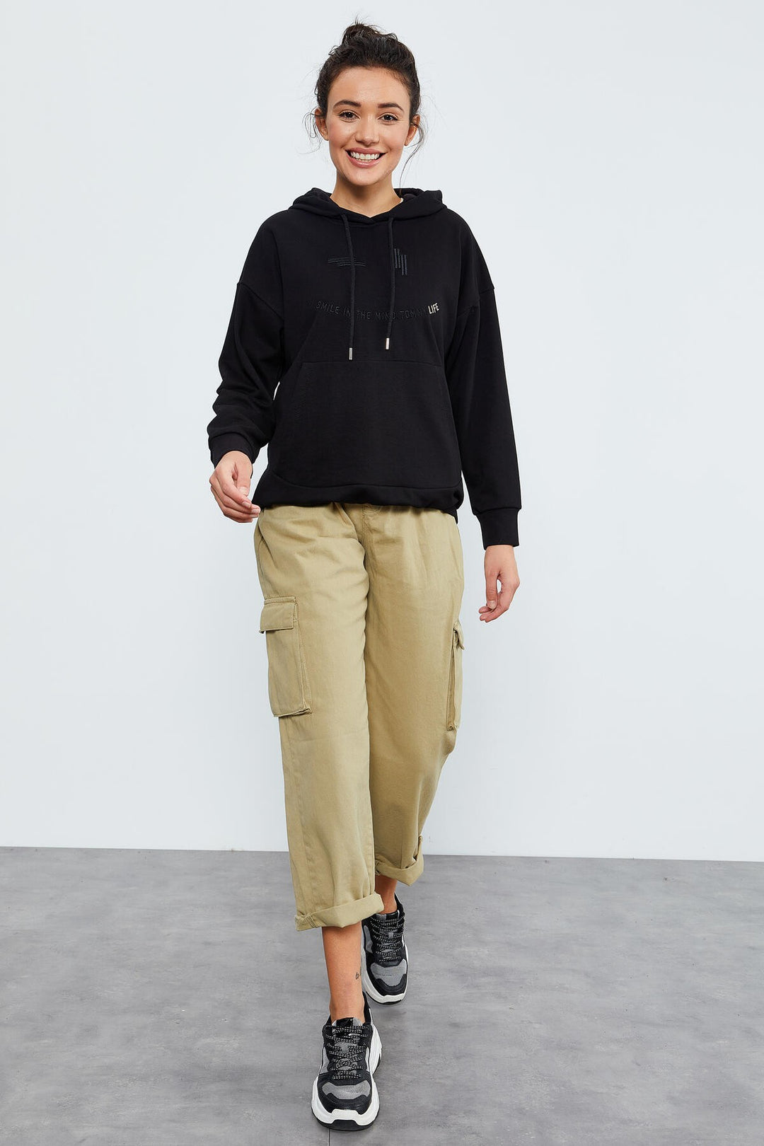 TMY Black Text Embroidered Hooded Kangaroo Pocket Women's Oversize Sweatshirt - 97174 - Lake Stevens