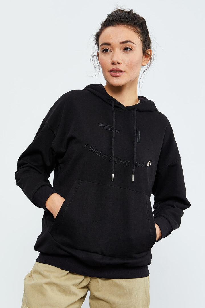 TMY Black Text Embroidered Hooded Kangaroo Pocket Women's Oversize Sweatshirt - 97174 - Lake Stevens