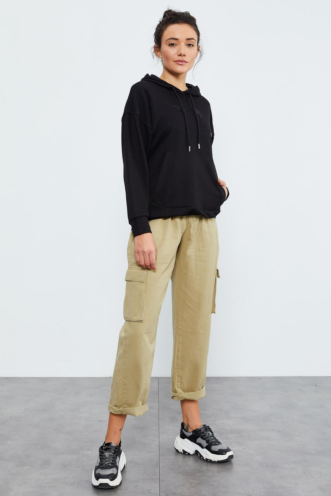 TMY Black Text Embroidered Hooded Kangaroo Pocket Women's Oversize Sweatshirt - 97174 - Lake Stevens