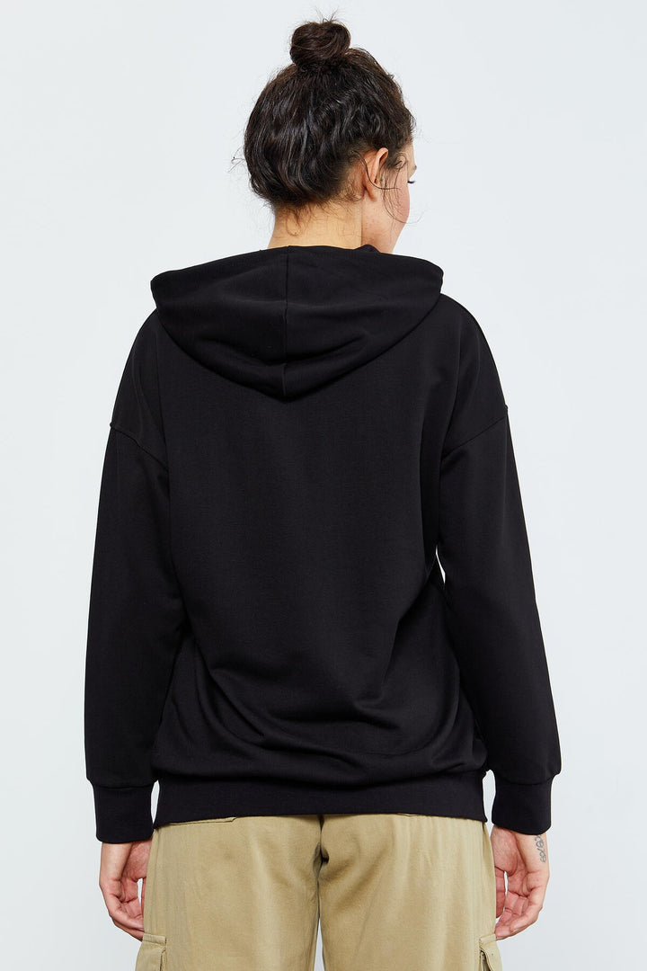 TMY Black Text Embroidered Hooded Kangaroo Pocket Women's Oversize Sweatshirt - 97174 - Lake Stevens
