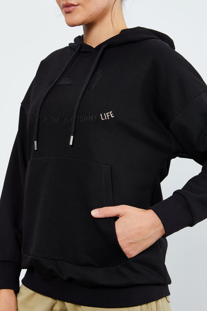 TMY Black Text Embroidered Hooded Kangaroo Pocket Women's Oversize Sweatshirt - 97174 - Lake Stevens
