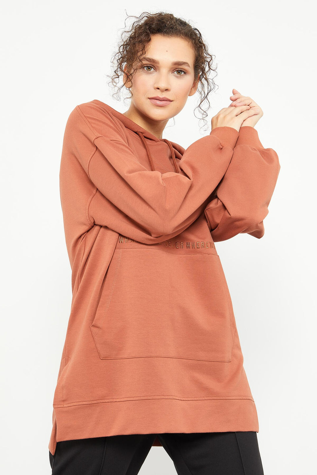 TMY Cinnamon Balloon Sleeve Embroidered Women's Oversized Tunic Sweatshirt - 97163 - Anderlecht