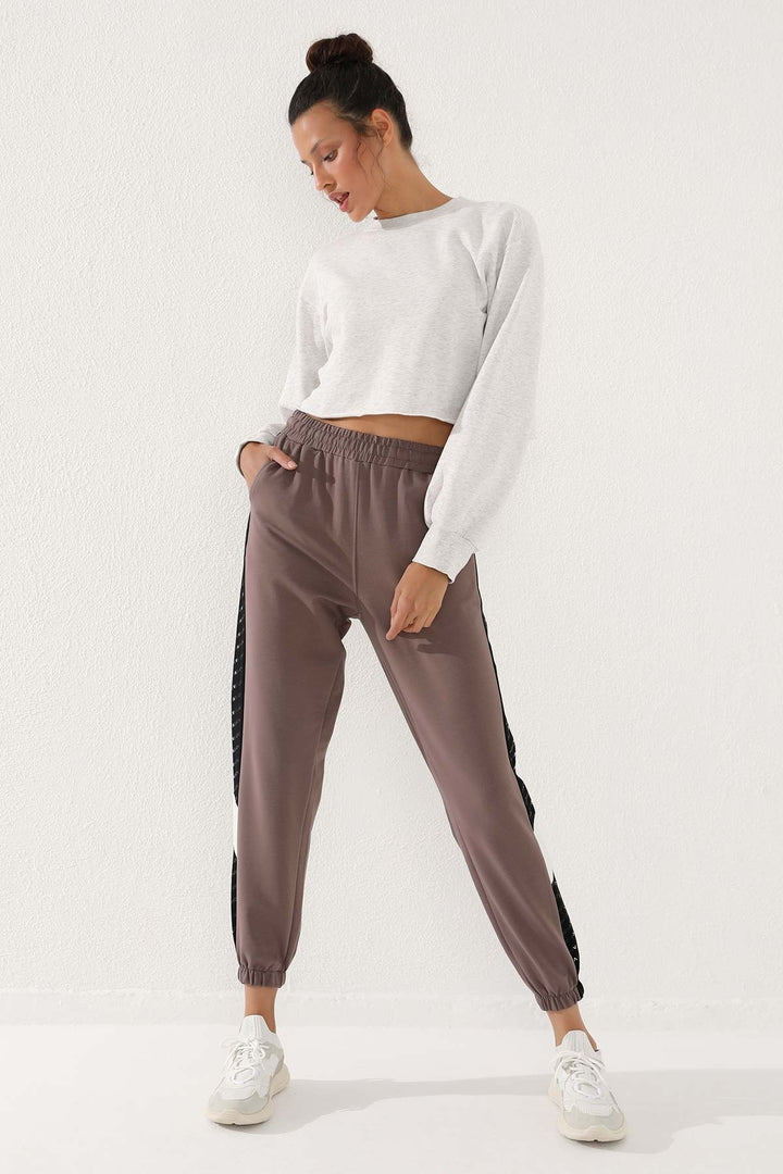 TMY Earth Dotted Stripe Detailed Jogger Comfortable Fit Elastic Cuff Women's Sweatpants - 94579 - Watford