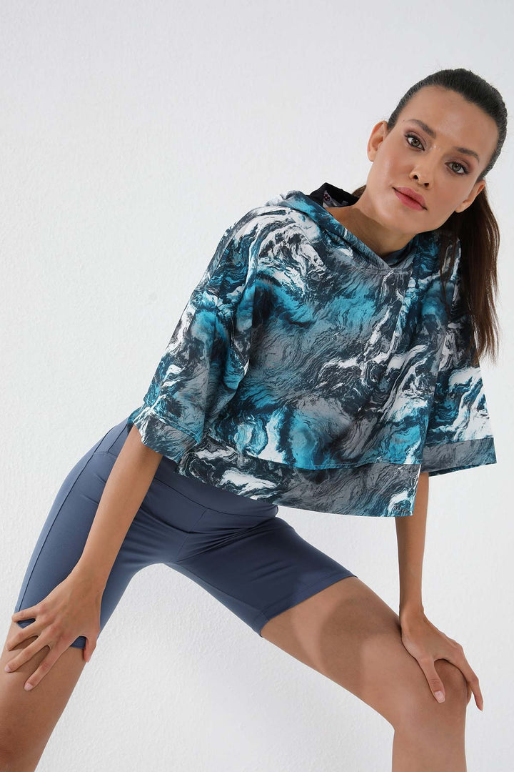 TMY Emerald Batik Patterned Truvakar Sleeve Hooded Women's Oversize Crop Top Sweatshirt - 97141 - Tallaght