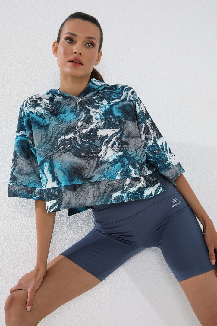 TMY Emerald Batik Patterned Truvakar Sleeve Hooded Women's Oversize Crop Top Sweatshirt - 97141 - Tallaght