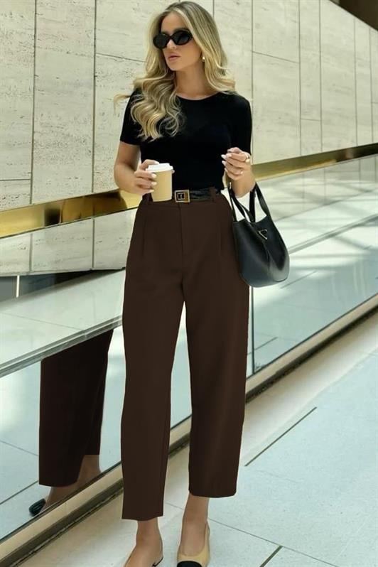 MDX Brown High Waist Pleated Women's Fabric Trousers Mg2507 - Axochiapan