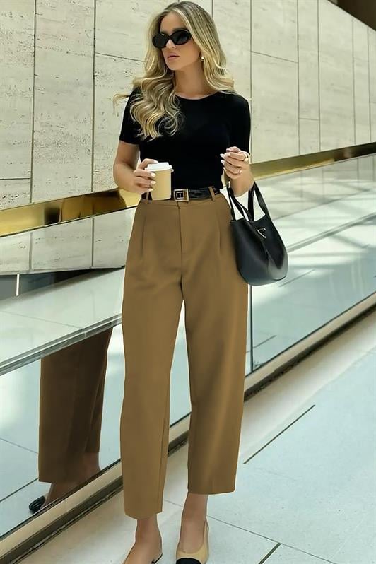 MDX Haki High Waist Pleated Women's Fabric Pants Mg2507 - Rahovec