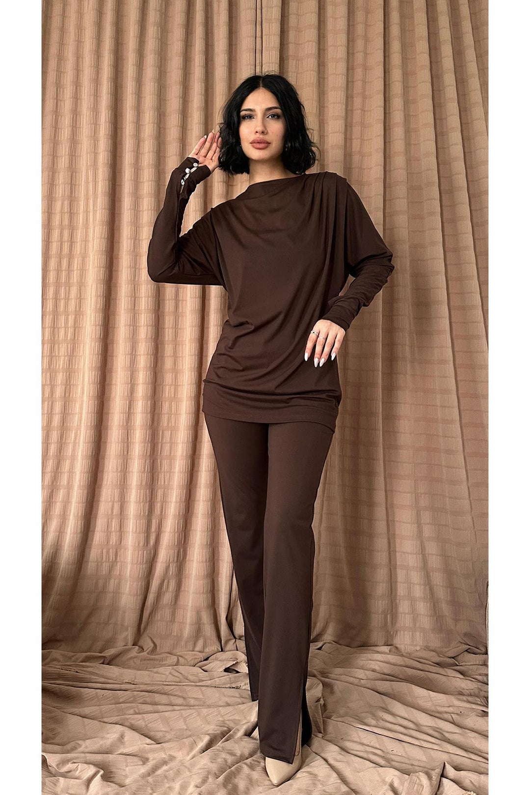 ELS Pleated Detailed Blouse and Pants Set - Brown - Foothill Farms