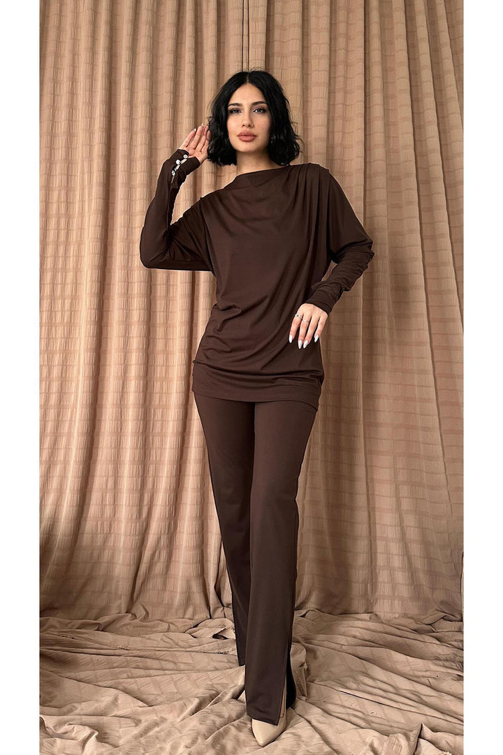 ELS Pleated Detailed Blouse and Pants Set - Brown - Foothill Farms