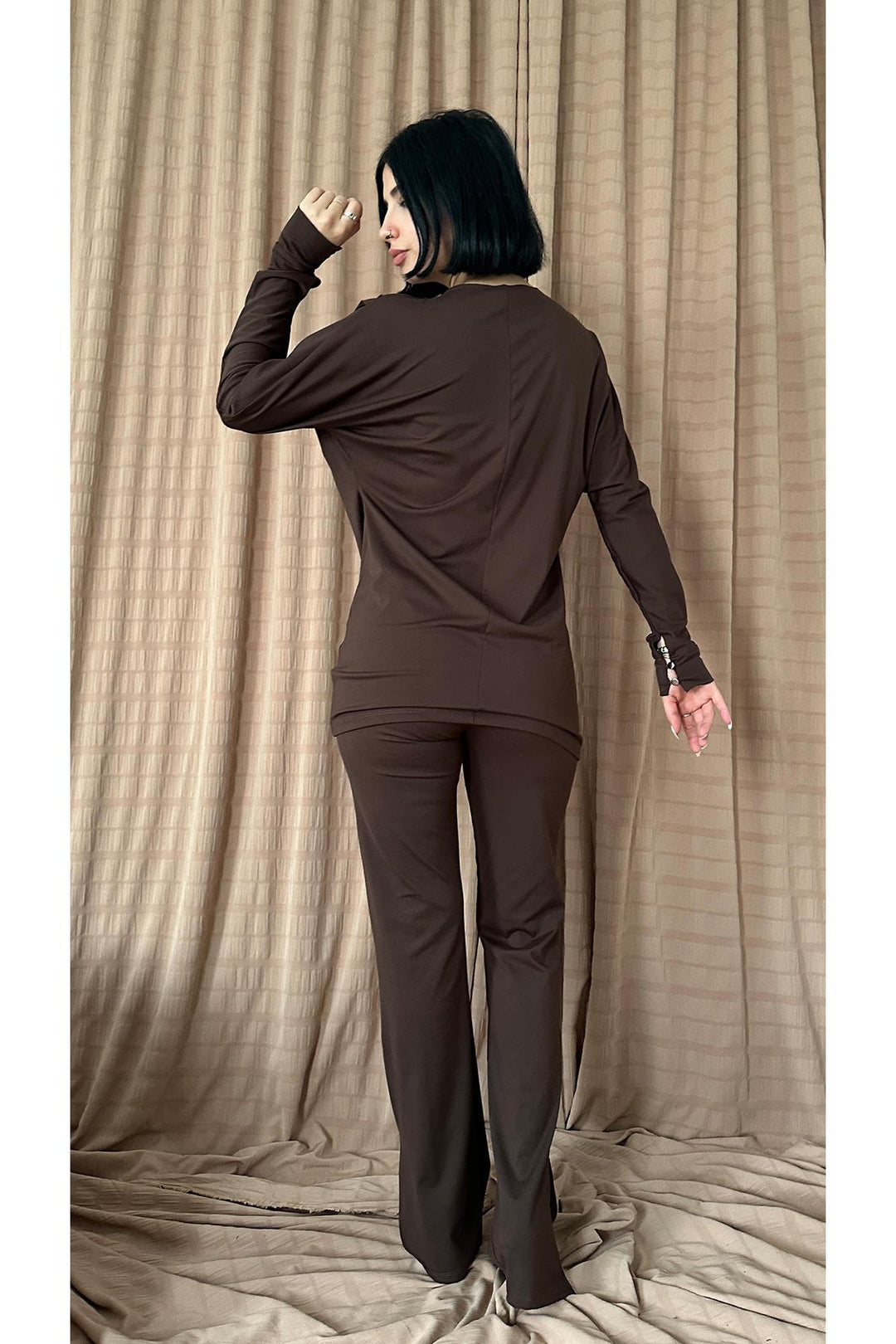 ELS Pleated Detailed Blouse and Pants Set - Brown - Foothill Farms