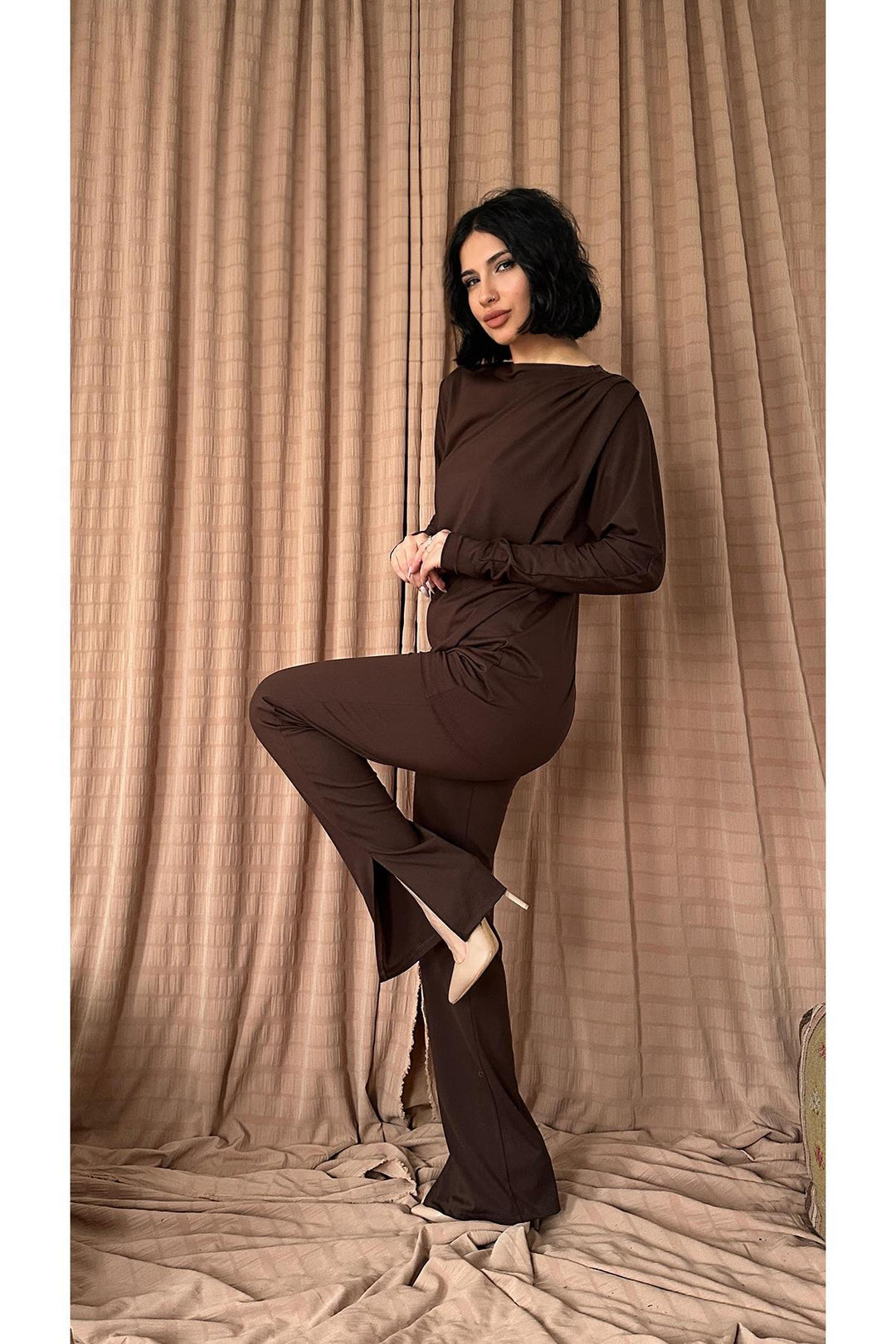 ELS Pleated Detailed Blouse and Pants Set - Brown - Foothill Farms
