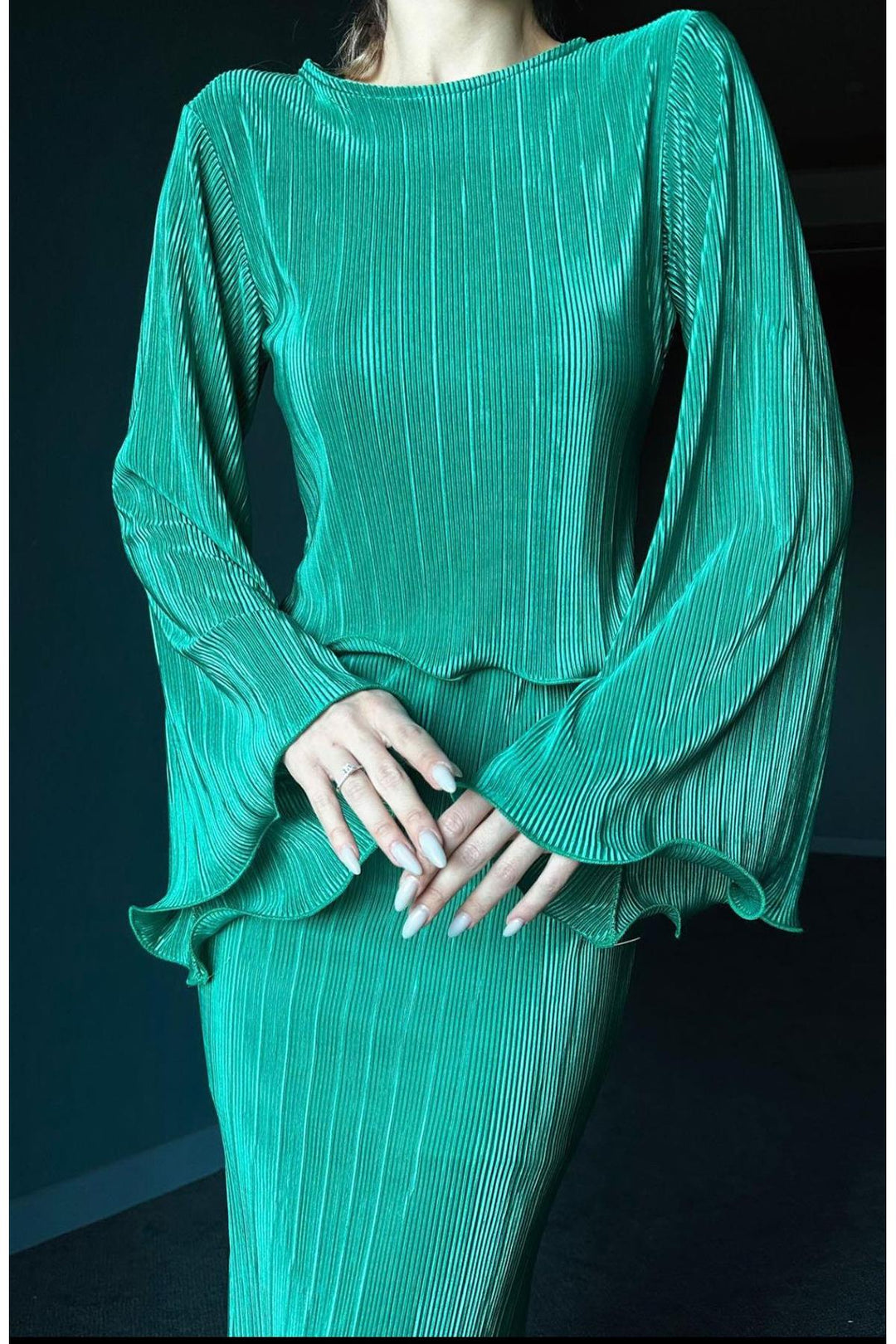 ELS Pleated Blouse and Skirt Set - Emerald - Algeciras