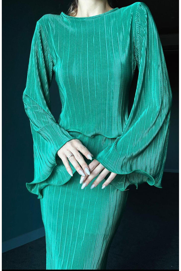 ELS Pleated Blouse and Skirt Set - Emerald - Algeciras