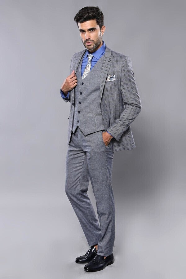 WSS Plaid Navy Slim-Fit Vested Suit  - Fort Myers