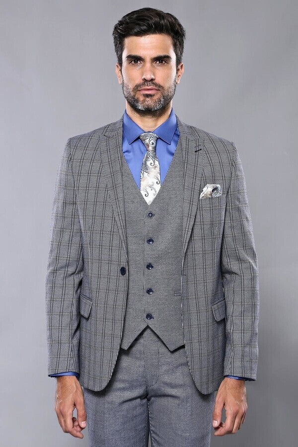 WSS Plaid Navy Slim-Fit Vested Suit  - Fort Myers