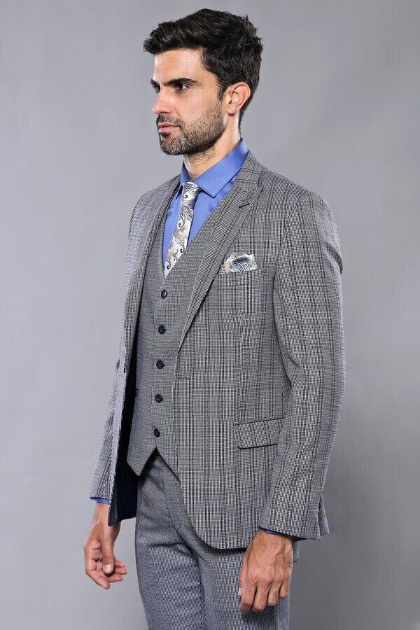 WSS Plaid Navy Slim-Fit Vested Suit  - Fort Myers