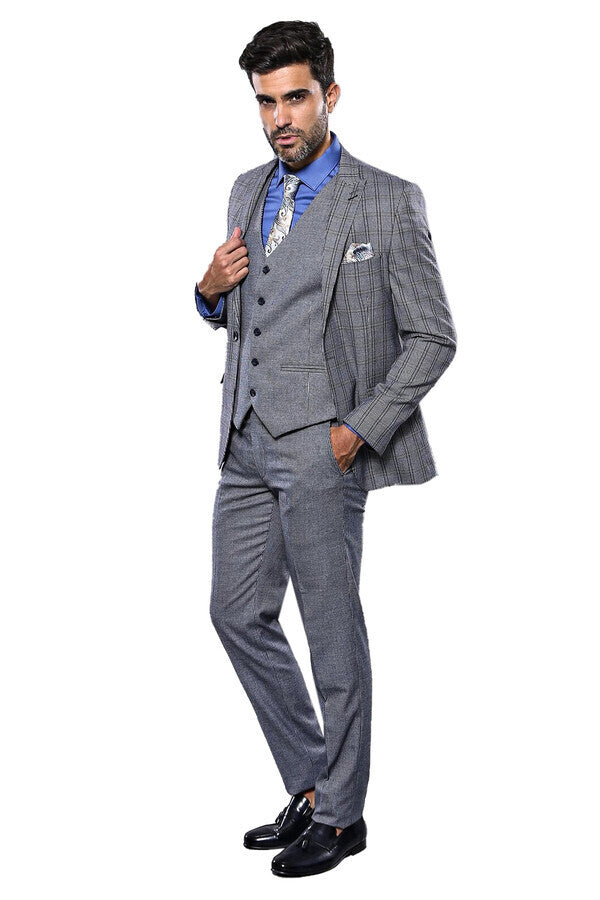 WSS Plaid Navy Slim-Fit Vested Suit  - Fort Myers