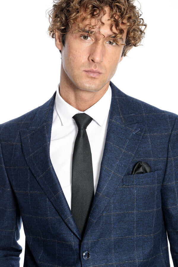 WSS Plaid Wool Navy Blue Men Blazer  - Shawnee