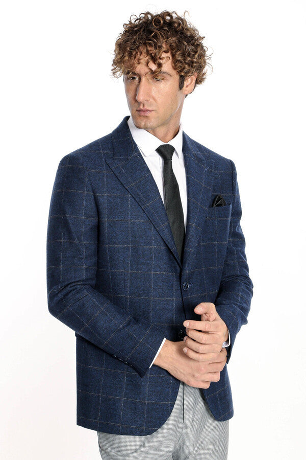 WSS Plaid Wool Navy Blue Men Blazer  - Shawnee