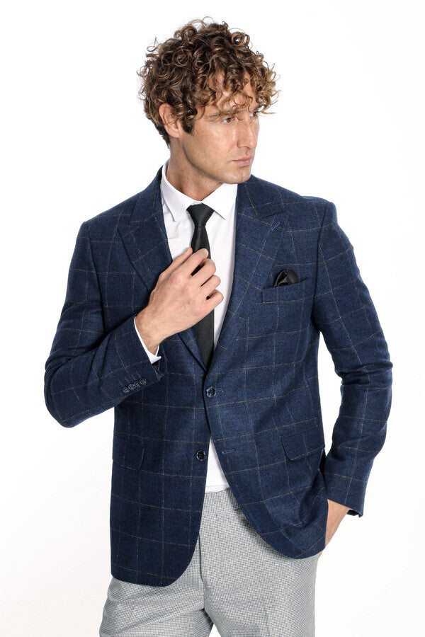 WSS Plaid Wool Navy Blue Men Blazer  - Shawnee